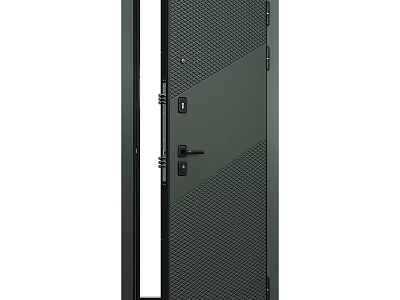 Modern Dark Green Swing Door With Perforated Panels And Black Frame 3d model