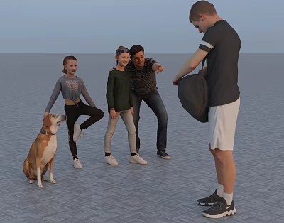 Group of Children Interacting With Boy Holding Bag And Dog In Open Space 3d model