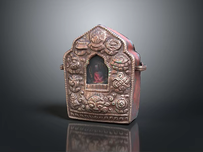 Traditional Bronze Buddhist Shrine With Intricate Carvings Small Window And Inner Buddha 3d model