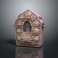 Traditional Bronze Buddhist Shrine With Intricate Carvings Small Window And Inner Buddha