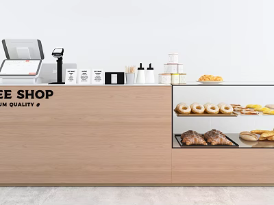 Coffee Shop Premium Quality Wooden Bar Counter With POS Machine Coffee Bottles Donuts And Croissants 3d model