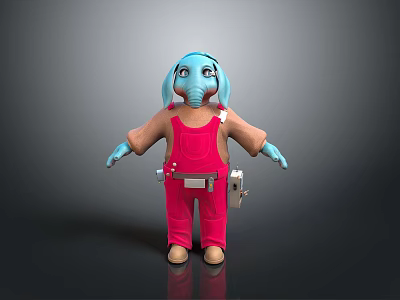 Cartoon Blue Elephant Character In Red Overalls Brown Shirt With Tool Belt Standing 3d model