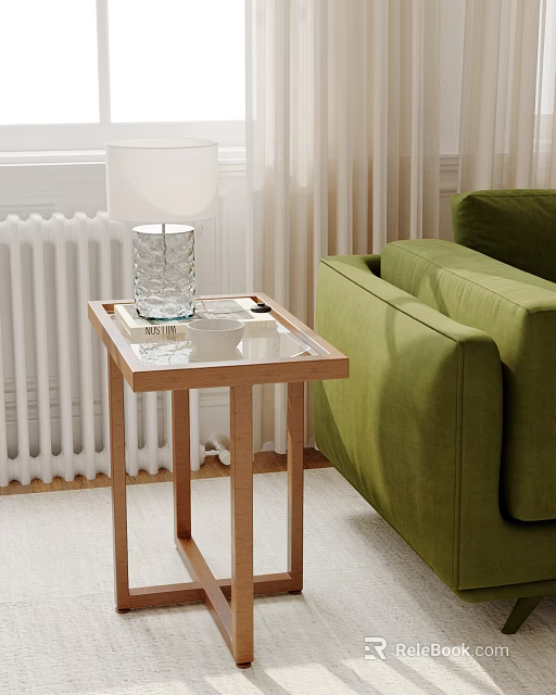 Modern Wooden Side Table With Lamp Bowl And Book By Green Sofa In Living Room 3d model 