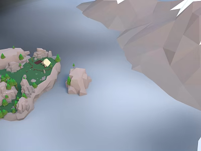 Low Poly Landscape Featuring Rocky Island Green Vegetation Distant Mountains And Calm Water Surface 3d model