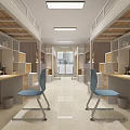 Modern Dormitory Interior With Bunk Beds Desks Blue Chairs Computers And Lockers 3d model