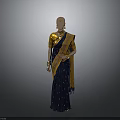 Elegant Blue Sari With Golden Patterns On Mannequin For Traditional Fashion