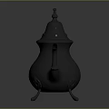 Silver Carved Teapot With Lid Curved Spout And Three Feet On Smooth Dark Surface