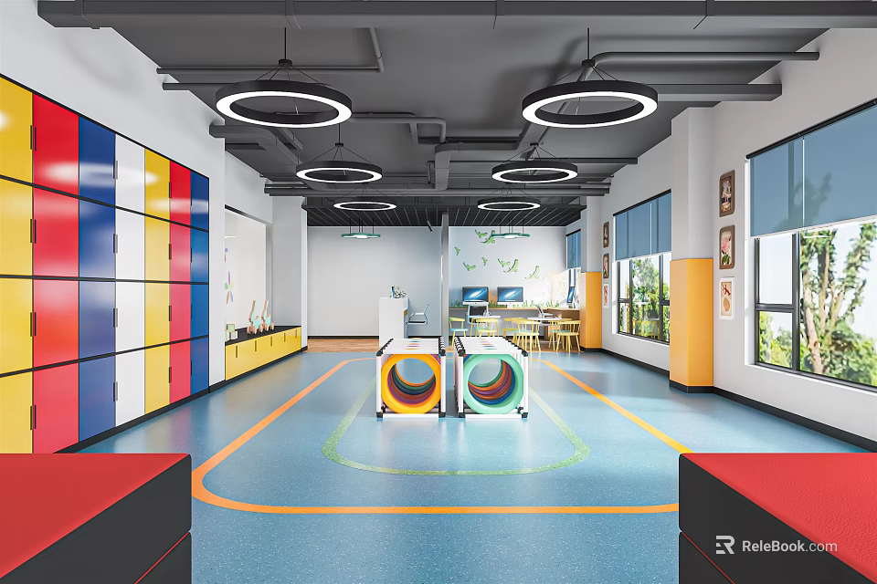 Colorful Fitness Studio Interior With Blue Floor Orange Lines And Round Workout Equipment 3d model 