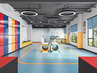 Colorful Fitness Studio Interior With Blue Floor Orange Lines And Round Workout Equipment 3d model
