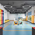 Colorful Fitness Studio Interior With Blue Floor Orange Lines And Round Workout Equipment