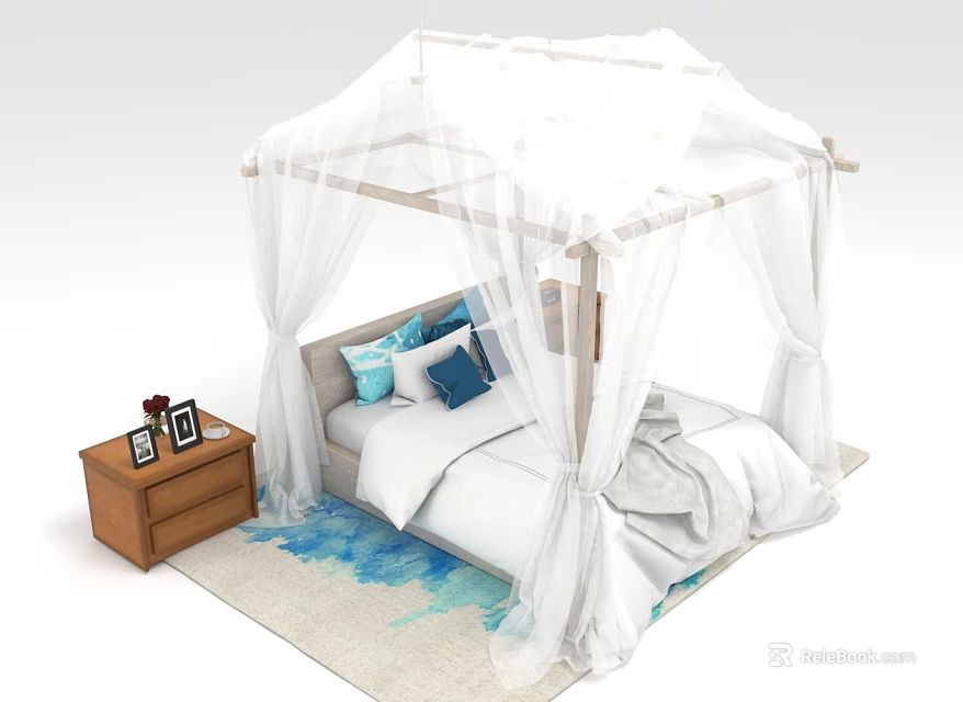 Double Bed with White Canopy Wooden Nightstand Blue Pillows and Blue Pattern Rug 3d model 