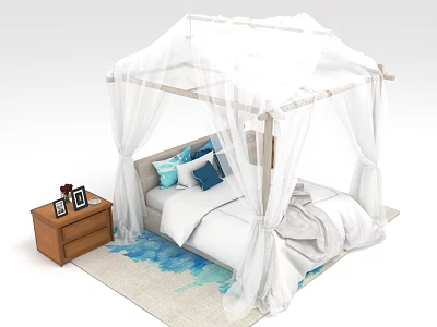 Double Bed with White Canopy Wooden Nightstand Blue Pillows and Blue Pattern Rug 3d model