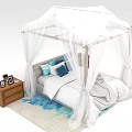 Double Bed with White Canopy Wooden Nightstand Blue Pillows and Blue Pattern Rug