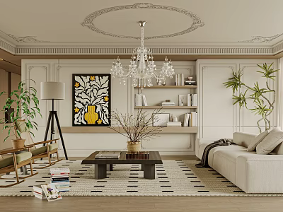 Elegant Living Room Interior Design With Chandelier Yellow Artwork Bookshelf Green Plants And Beige Sofa 3d model