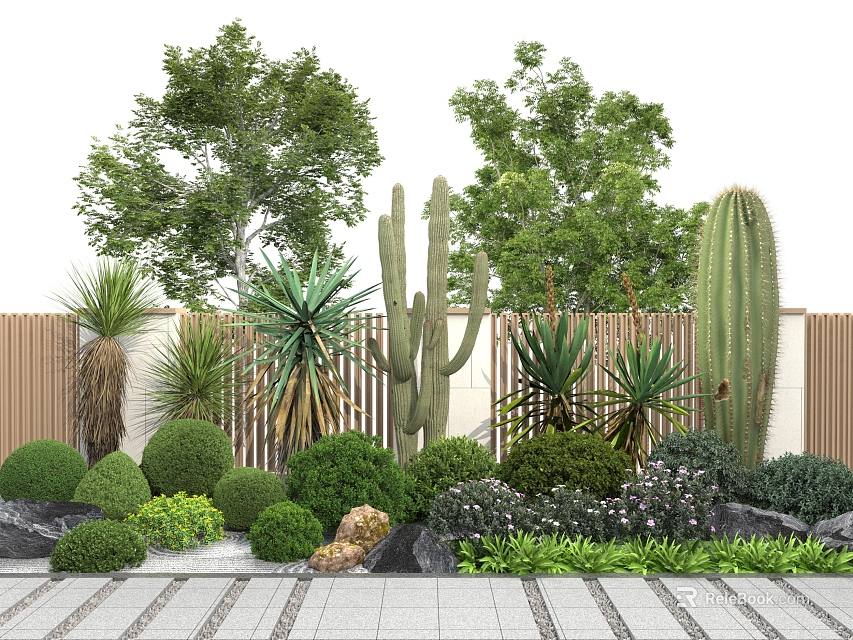 Diverse Garden Plants With Cacti Shrubs Round Greenery Tall Trees Stone And Wooden Fence 3d model 