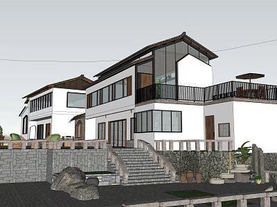 Modern Rural Self built House Design With White Exterior Black Roof Balcony And Large Windows 3d model