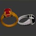 Stylish Gold Ring With Red Gemstone And Silver Ring With Black Gemstone 3d model