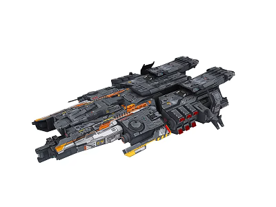 Detailed Sci Fi Spaceship Model With Mechanical Structure Gray Orange And Red Accents Weapon Modules 3d model