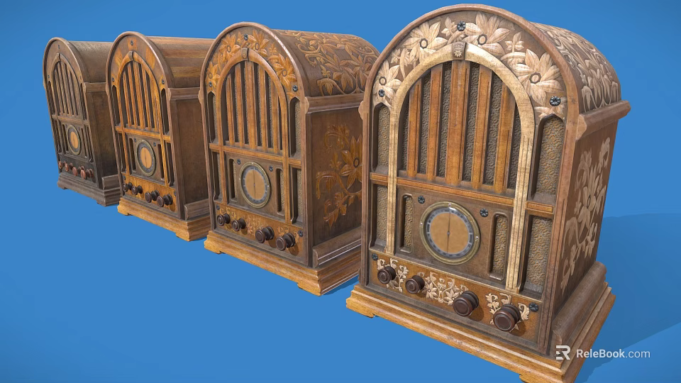 Vintage Wooden Audio Speakers With Carved Patterns Classic Retro Design On Blue Background 3d model 