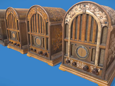 Vintage Wooden Audio Speakers With Carved Patterns Classic Retro Design On Blue Background 3d model