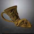Carved Ceramic Cup With Ram Head Design And Intricate Decorative Motifs