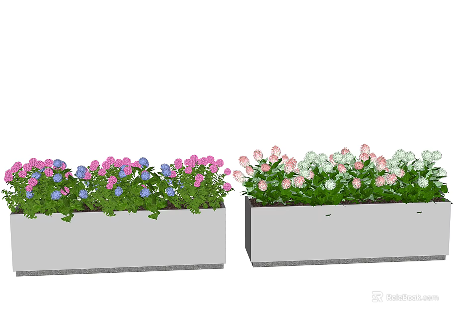 Colorful Potted Plants in Rectangular Planters with Pink Blue and White Flowers 3d model 