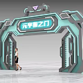 Futuristic Metaverse Themed Archway with Illuminated Tech Inspired Design and Professional Woman Standing Below
