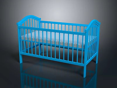 Blue Modern Baby Crib With Wooden Railings And Comfortable Mattress 3d model