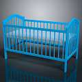 Blue Modern Baby Crib With Wooden Railings And Comfortable Mattress