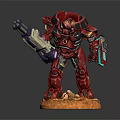 Red Armored Mechanical Warrior Holding Futuristic Weapons on Detailed Brown Base