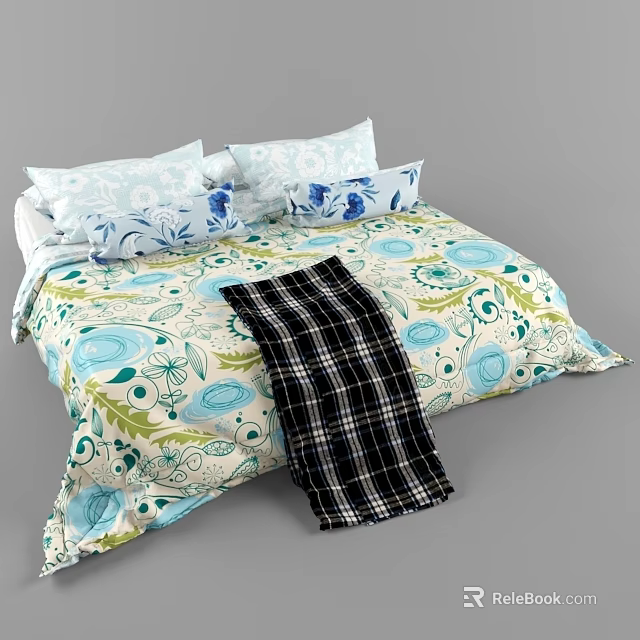 Double Bed With Floral Pattern Bedding Pillows And Checkered Blanket 3d model