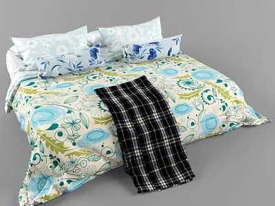 Double Bed With Floral Pattern Bedding Pillows And Checkered Blanket 3d model