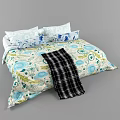 Double Bed With Floral Pattern Bedding Pillows And Checkered Blanket 3d model