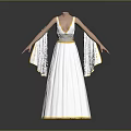 Woman Wearing Elegant White Long Dress With Gold Accents On Belt And Sleeves