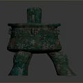 Ancient Style Green Carved Sculpture With Three Legs Two Handles And Intricate Engravings