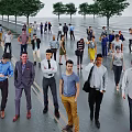 Group of People Outdoor on Wet Ground with Trees Water View Walking Talking Using Phones