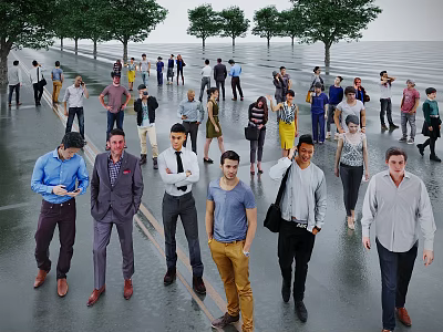 Group of People Outdoor on Wet Ground with Trees Water View Walking Talking Using Phones 3d model