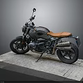 Vintage Style Motorcycle With Brown Black Body And Orange Leather Seat On Stone Slab Platform