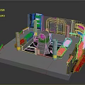 Detailed 3D Model of Industrial Mechanical Structure With Platform Pillars and Green Components
