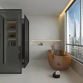 Modern Bathroom Interior Design With Large Mirror Double Sink Vanity Bathtub And Window Blinds