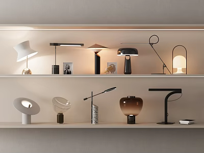 Various Modern Table Lamps With Stylish Designs Showcased On Shelves For Home Decor 3d model