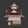 Traditional Japanese Style Multi Story Building With Pink Roof Red Lanterns And Wooden Balcony