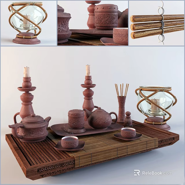 Traditional Chinese Tea Set With Teapot Teacups Tray Bamboo Mat Candle Holders And Incense 3d model 