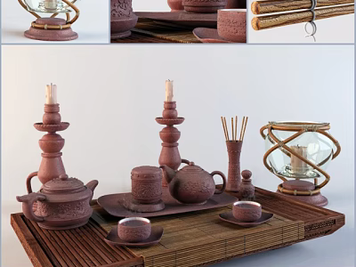 Traditional Chinese Tea Set With Teapot Teacups Tray Bamboo Mat Candle Holders And Incense 3d model