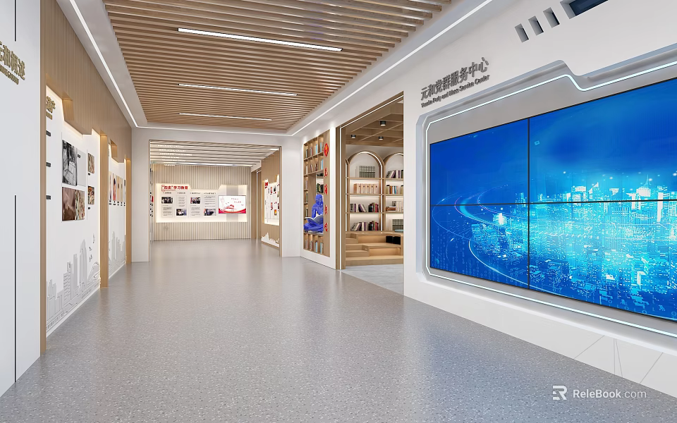 Modern Service Hall Interior With Large Digital Screen And Data Center Exhibits 3d model 