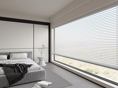 Modern Bedroom Interior Featuring Large Window with Venetian Blinds and Natural Light View 3d model