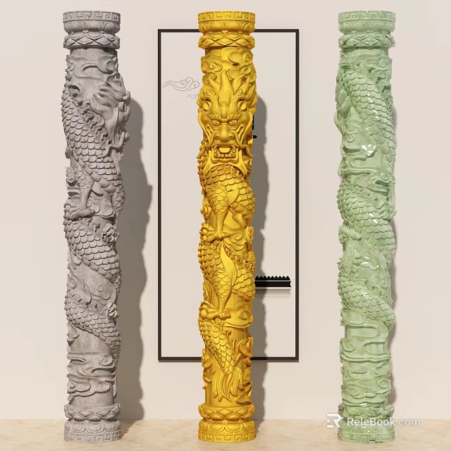 Ornate Golden Gray And Green Columns With Intricate Dragon Carvings For Decorative Use 3d model 