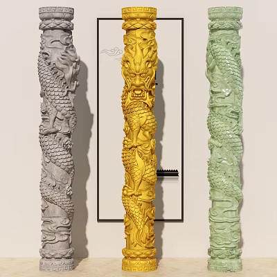 Ornate Golden Gray And Green Columns With Intricate Dragon Carvings For Decorative Use 3d model