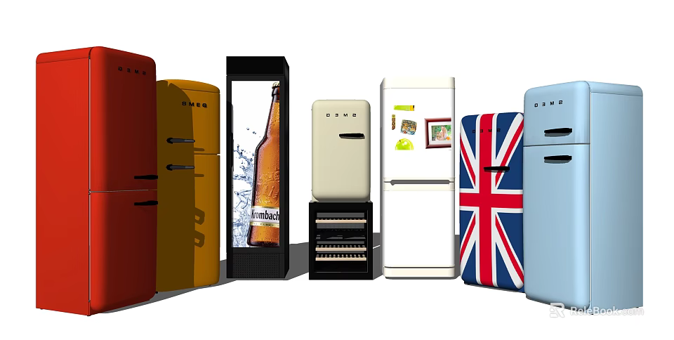 Colorful Retro Fridge Freezer Collection With Vintage Designs And Decorative Patterns 3d model 
