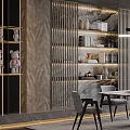 Elegant Modern Restaurant Interior With Dining Table Chairs Pendant Lighting And Wall Panel Design 3d model